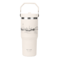 Front view of the BRUNMIIA Ink Series 30oz insulated tumbler with monochrome cityscape artwork