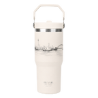 Front view of the BRUNMIIA Ink Series 30oz insulated tumbler with monochrome cityscape artwork