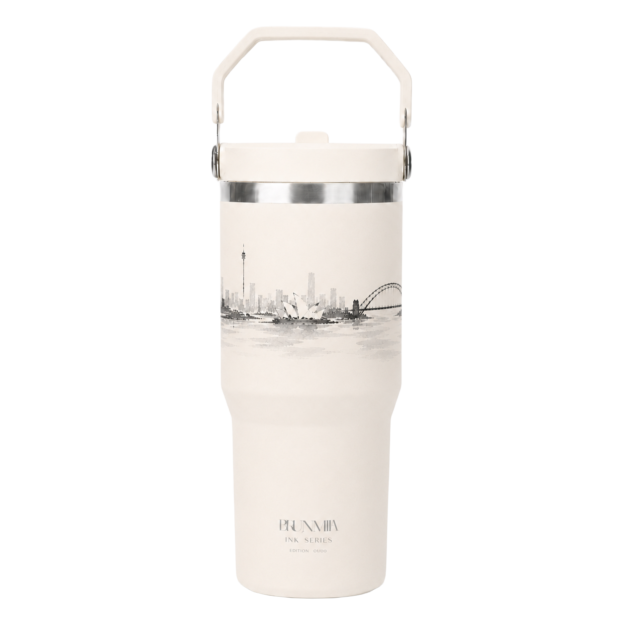 Front view of the BRUNMIIA Ink Series 30oz insulated tumbler with monochrome cityscape artwork