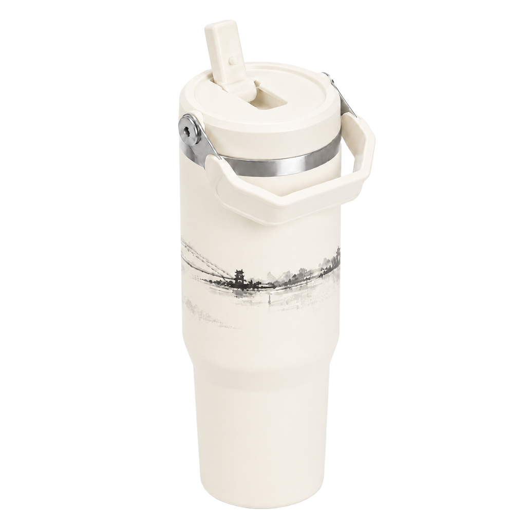 Side view of the BRUNMIIA 30oz insulated tumbler with flip straw and folding carry handle