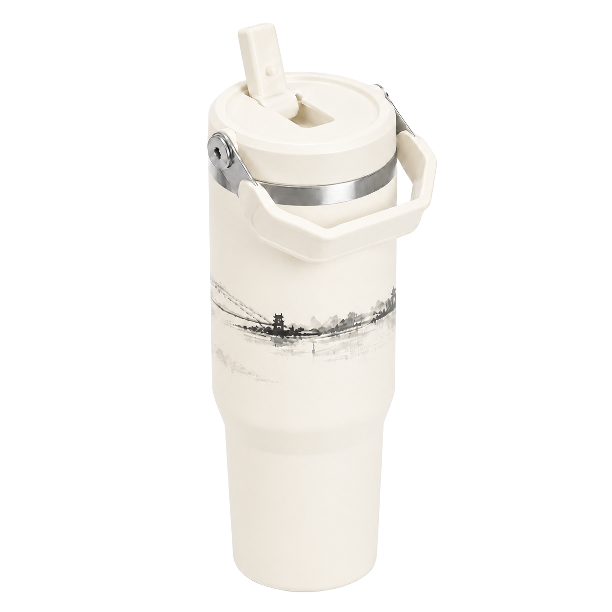 Side view of the BRUNMIIA 30oz insulated tumbler with flip straw and folding carry handle