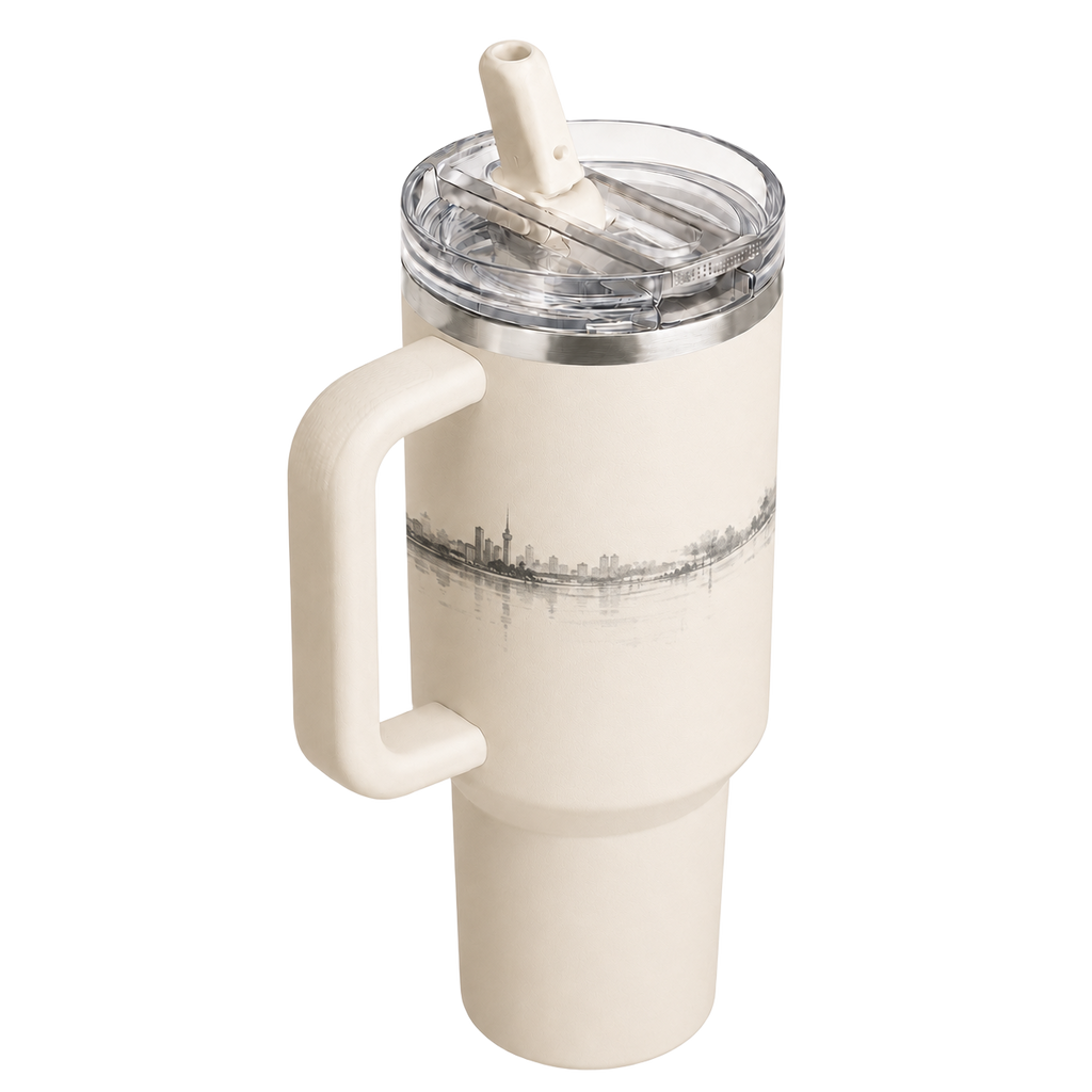 Angled view of the BRUNMIIA Ink Series 40oz cream tumbler with fixed handle, clear lid, raised flip straw and cityscape artwork