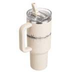 Angled view of the BRUNMIIA Ink Series 40oz cream tumbler with fixed handle, clear lid, raised flip straw and cityscape artwork
