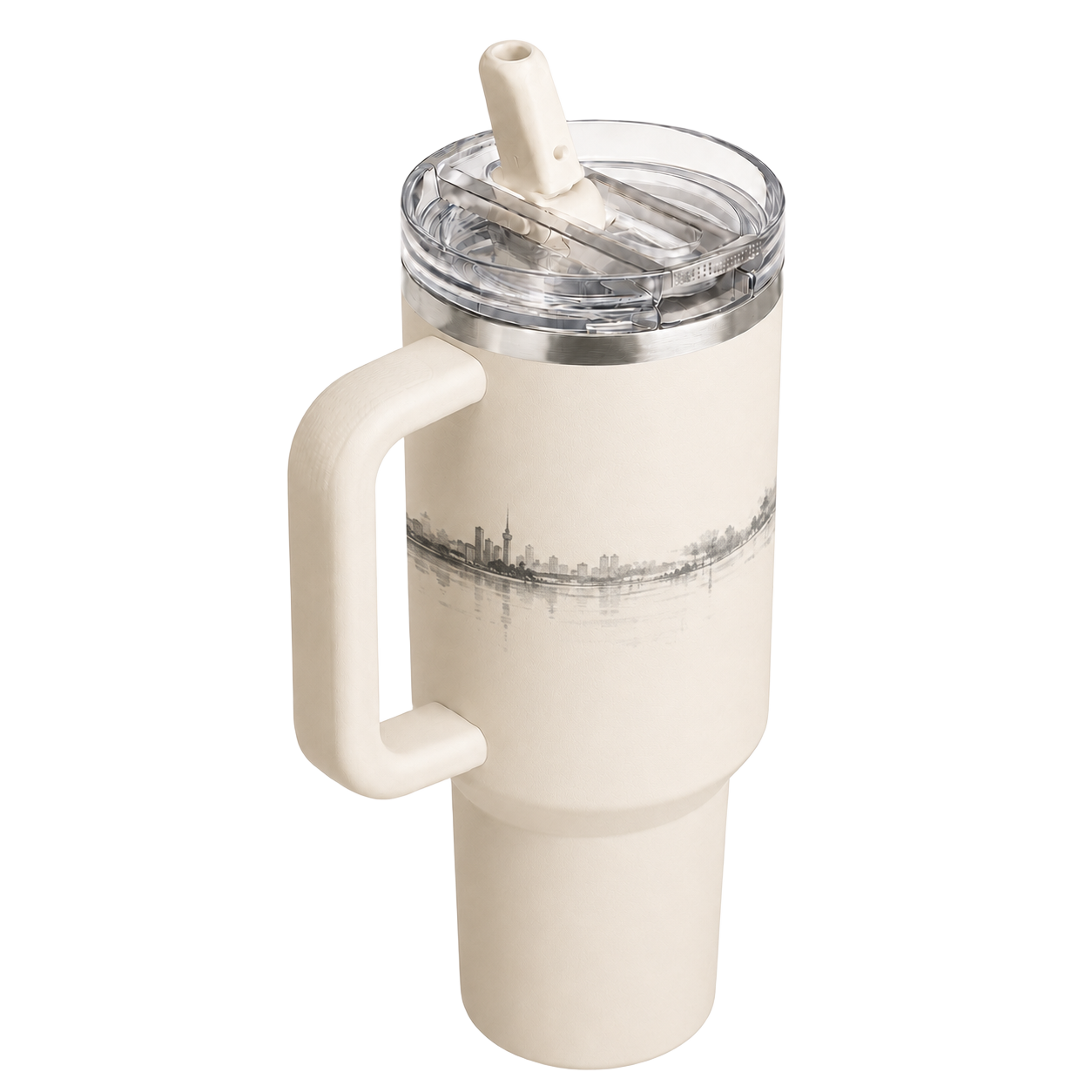 Angled view of the BRUNMIIA Ink Series 40oz cream tumbler with fixed handle, clear lid, raised flip straw and cityscape artwork