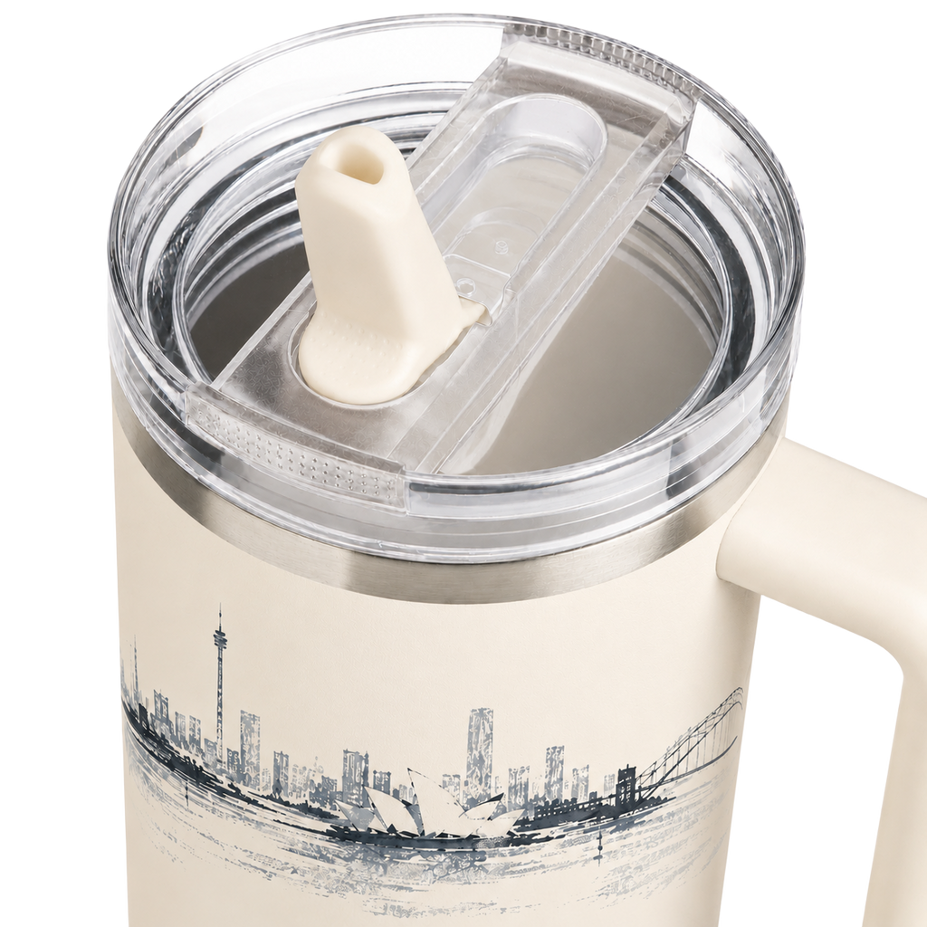 Close-up of the clear flip-straw lid and Sydney skyline artwork on the BRUNMIIA Ink Series 40oz cream tumbler