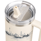 Close-up of the clear flip-straw lid and Sydney skyline artwork on the BRUNMIIA Ink Series 40oz cream tumbler