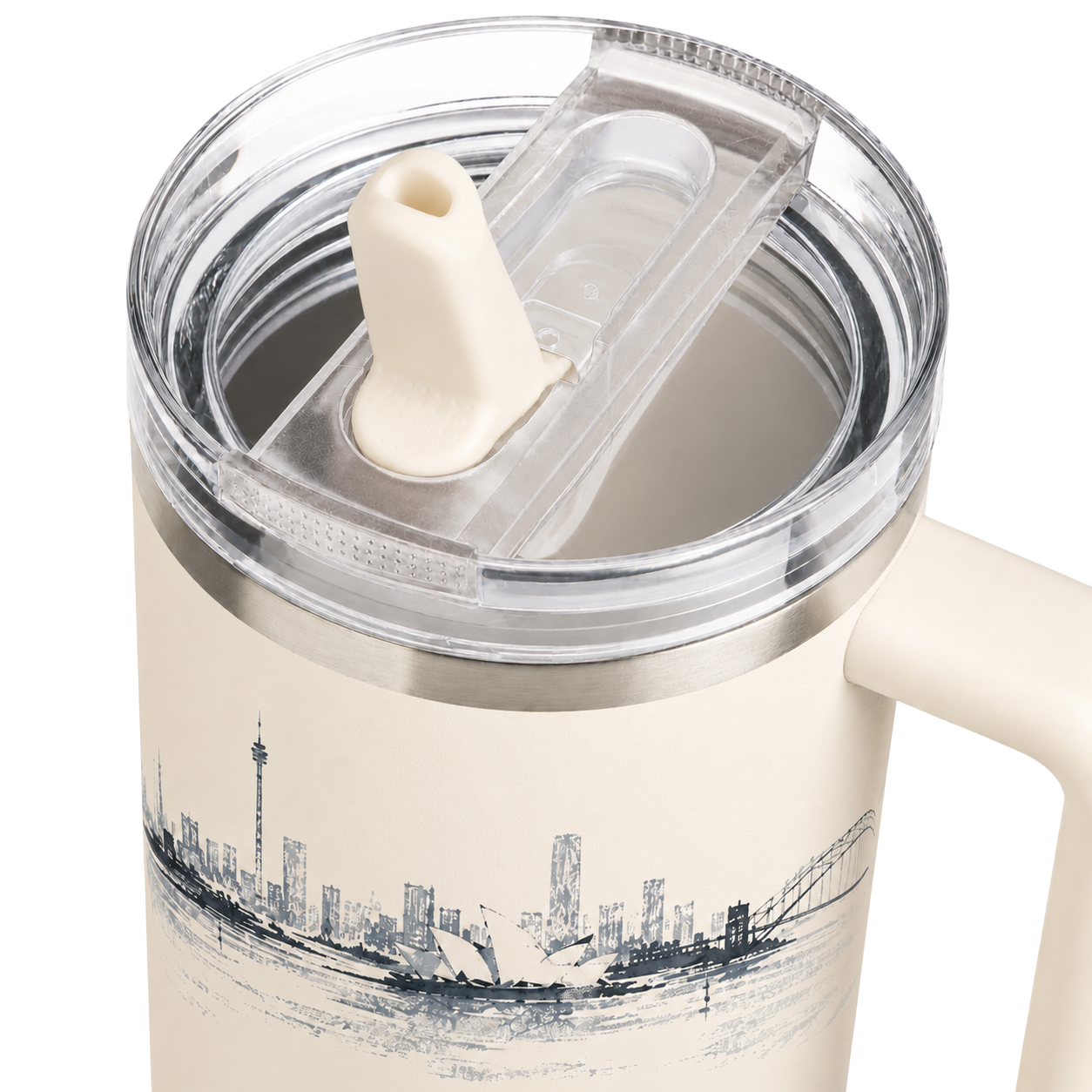 Close-up of the clear flip-straw lid and Sydney skyline artwork on the BRUNMIIA Ink Series 40oz cream tumbler