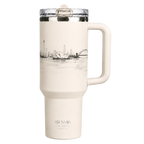Front view of the BRUNMIIA Ink Series 40oz cream tumbler with side handle, flip-straw lid and monochrome Sydney skyline artwork