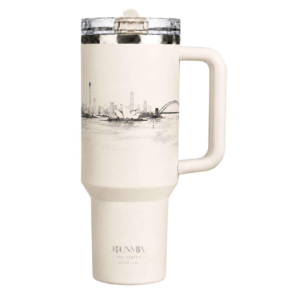 Front view of the BRUNMIIA Ink Series 40oz cream tumbler with side handle, flip-straw lid and monochrome Sydney skyline artwork