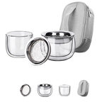 Portable double-wall glass tea set with 150ml infuser pot, 150ml cup, stainless steel filter, dust cover and carry bag