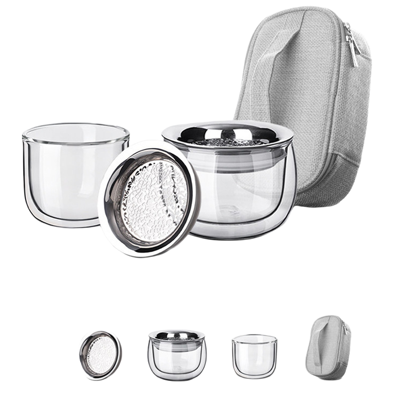 Portable double-wall glass tea set with 150ml infuser pot, 150ml cup, stainless steel filter, dust cover and carry bag
