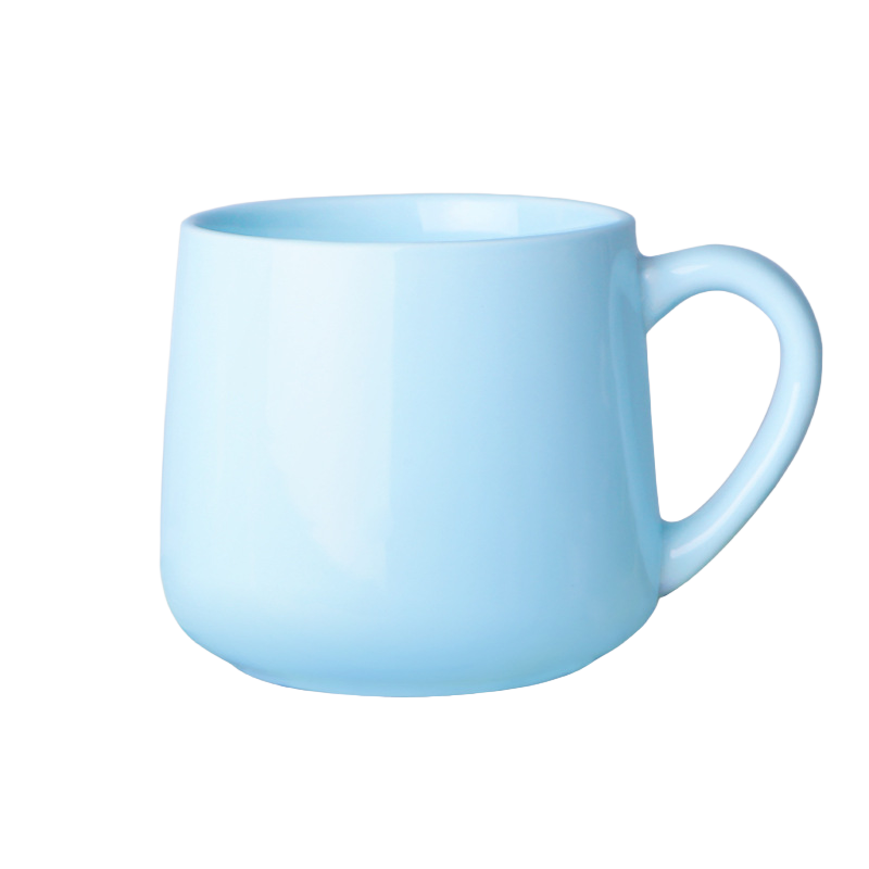 Sky blue 450ml ceramic mug measuring 8.9cm high with 8.9cm opening and 7.5cm base