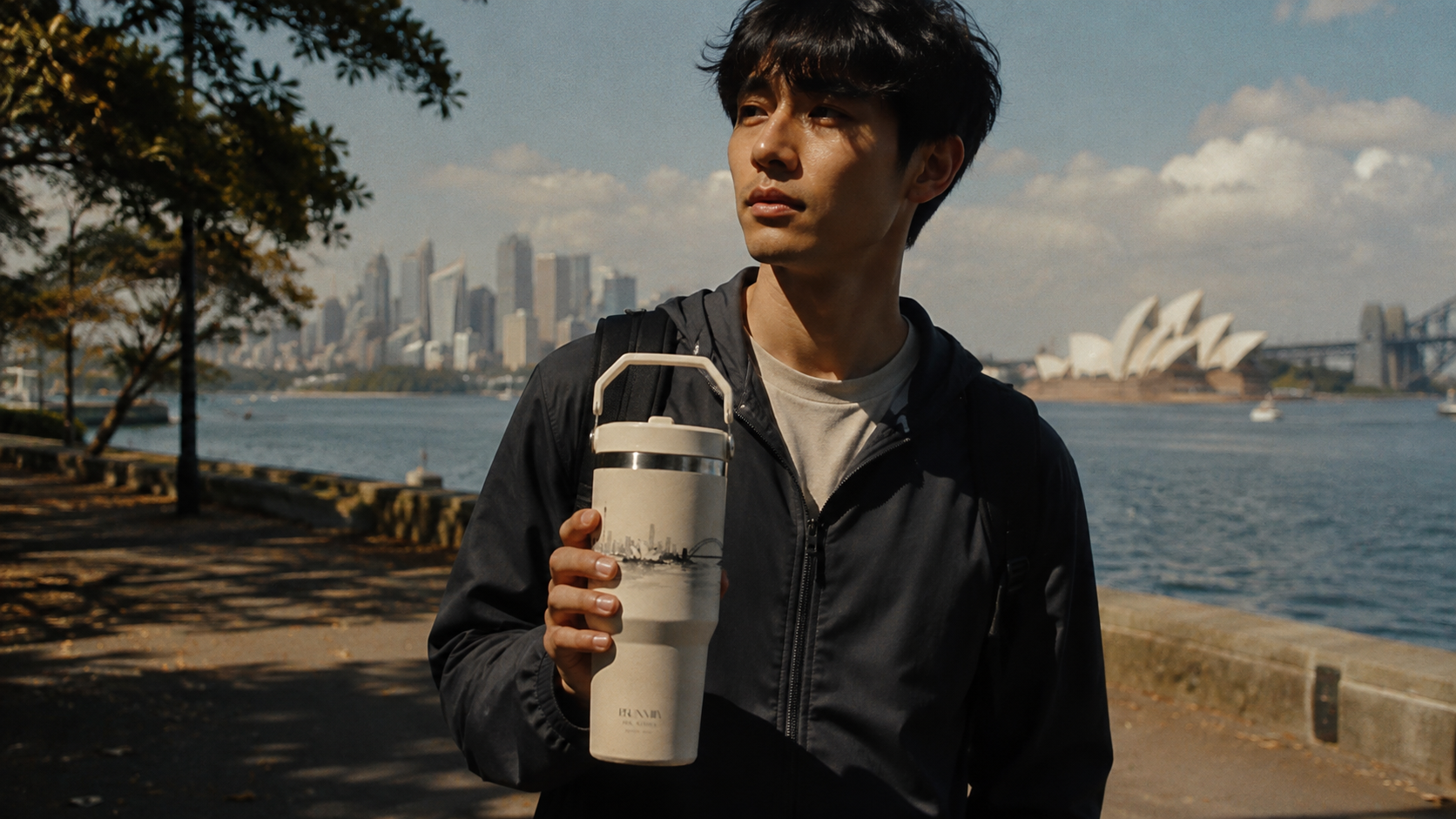 Person carrying a BRUNMIIA skyline tumbler beside Sydney Harbour