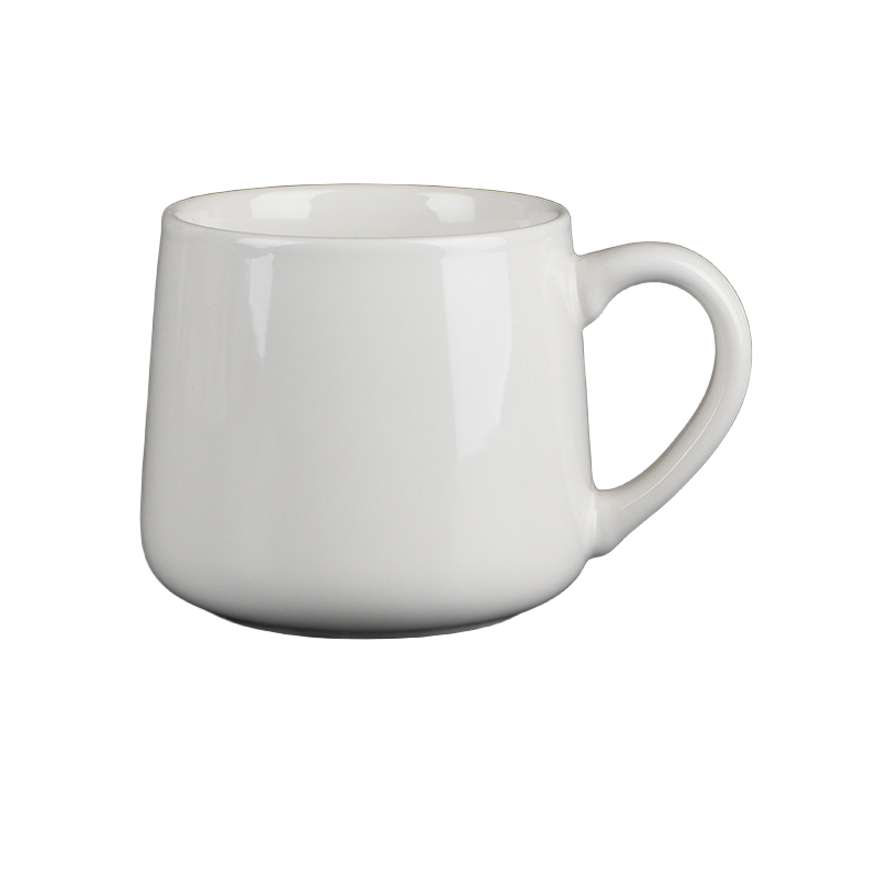 White 450ml ceramic mug measuring 8.9cm high with 8.9cm opening and 7.5cm base