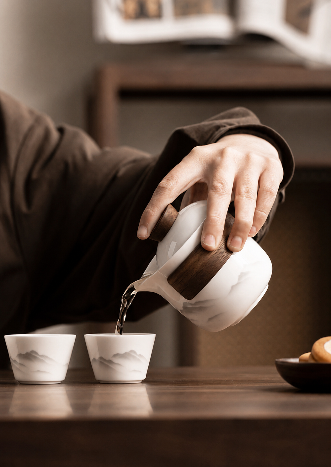 White ceramic travel teapot pouring tea into two matching mountain-pattern cups