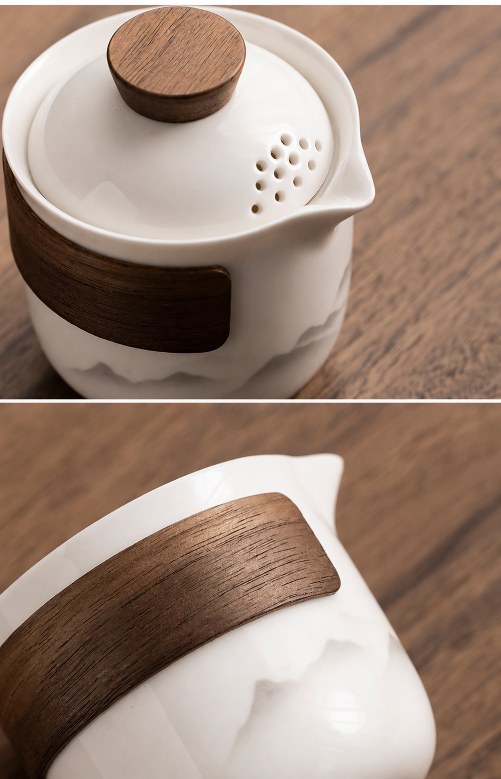 Close-up of white ceramic teapot with brown-toned band, lid knob, spout and straining holes