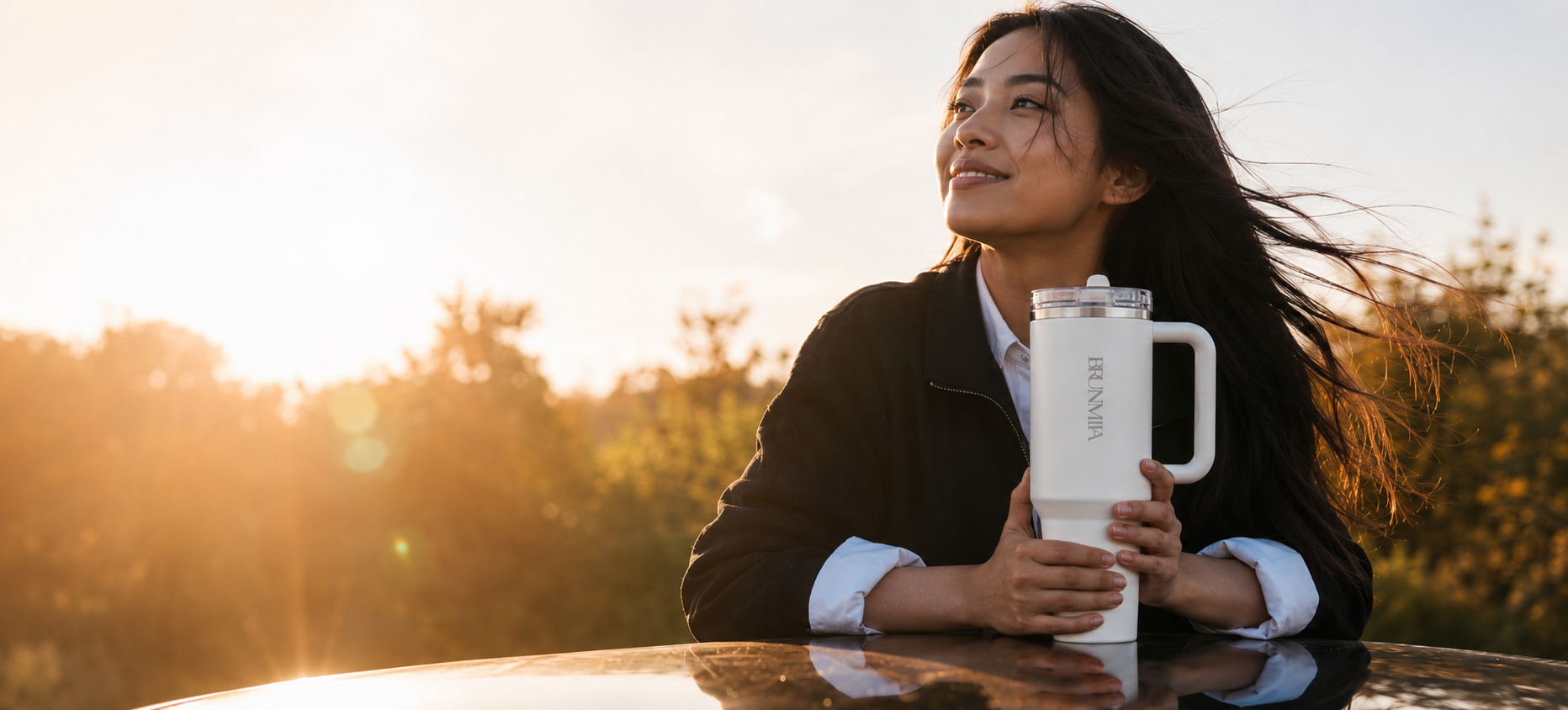 Woman holding a white BRUNMIIA handled tumbler outdoors at sunset