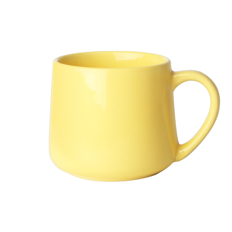 Yellow 450ml ceramic mug measuring 8.9cm high with 8.9cm opening and 7.5cm base